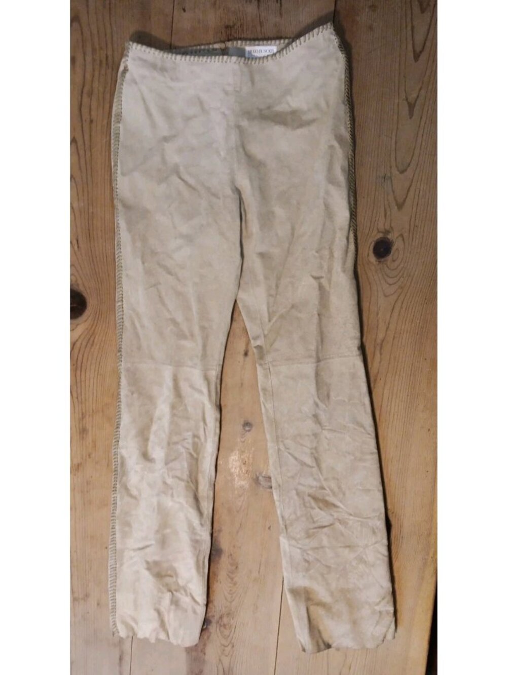 Hugo Buscati Women 10 Tall Suede Leather Pant Tan Lined Whip Stitching Trim FLAW